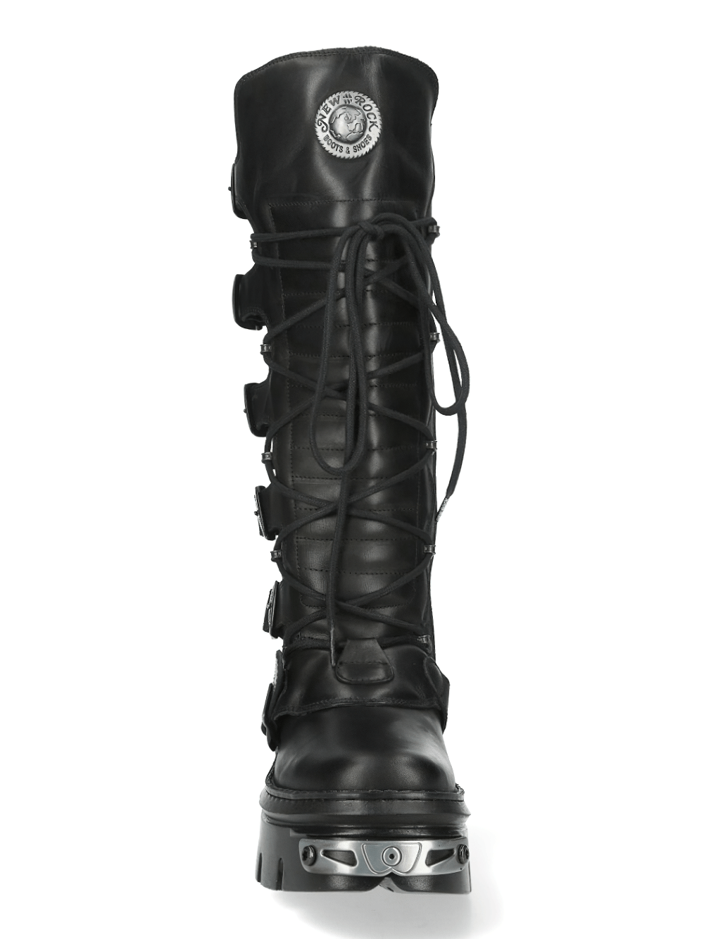 NEW ROCK Black Gothic High Boots with multi clasps, lace-up design, and statement buckle closures for punk style.