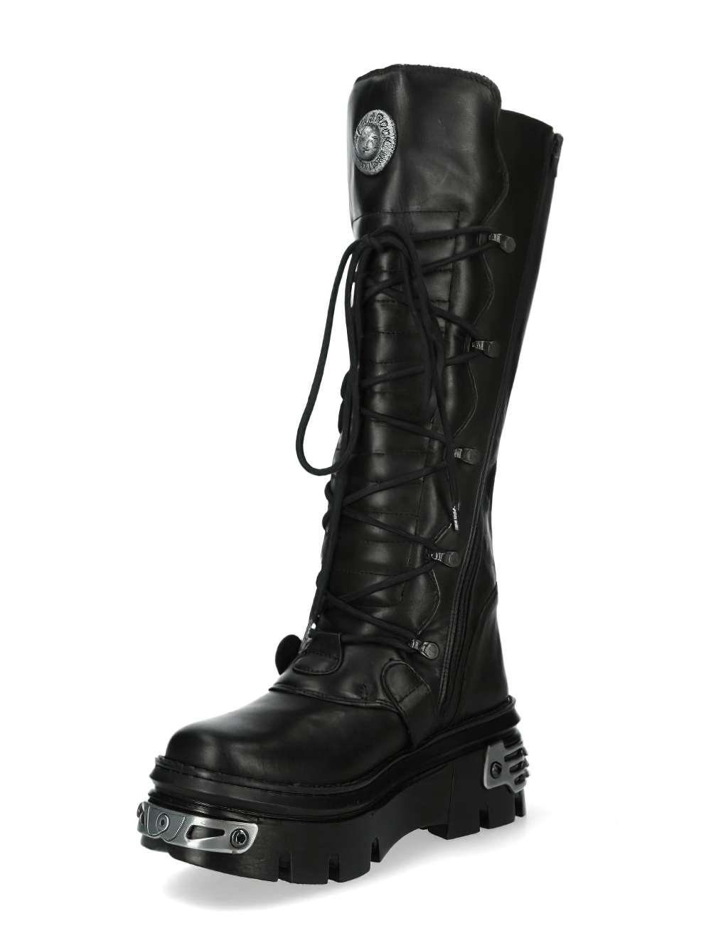 NEW ROCK Black Punk Rock High Boots with Buckles showcasing gothic style, lace-up design, and durable platform sole.
