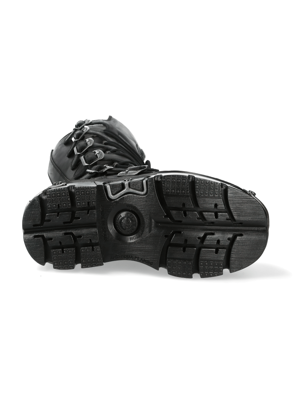 Bottom view of NEW ROCK Black Punk Rock High Boots, showcasing the durable sole and stylish buckle details.