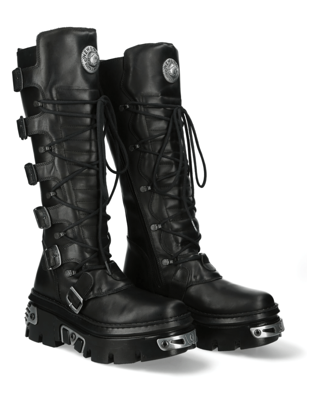 New Rock black punk rock high boots with buckles and lace, crafted from genuine leather for a stylish gothic look.