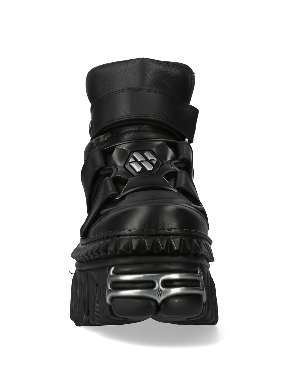 Front view of NEW ROCK Black Punk Rugged Platform Boots with Velcro, showcasing a bold Gothic style and rugged design.