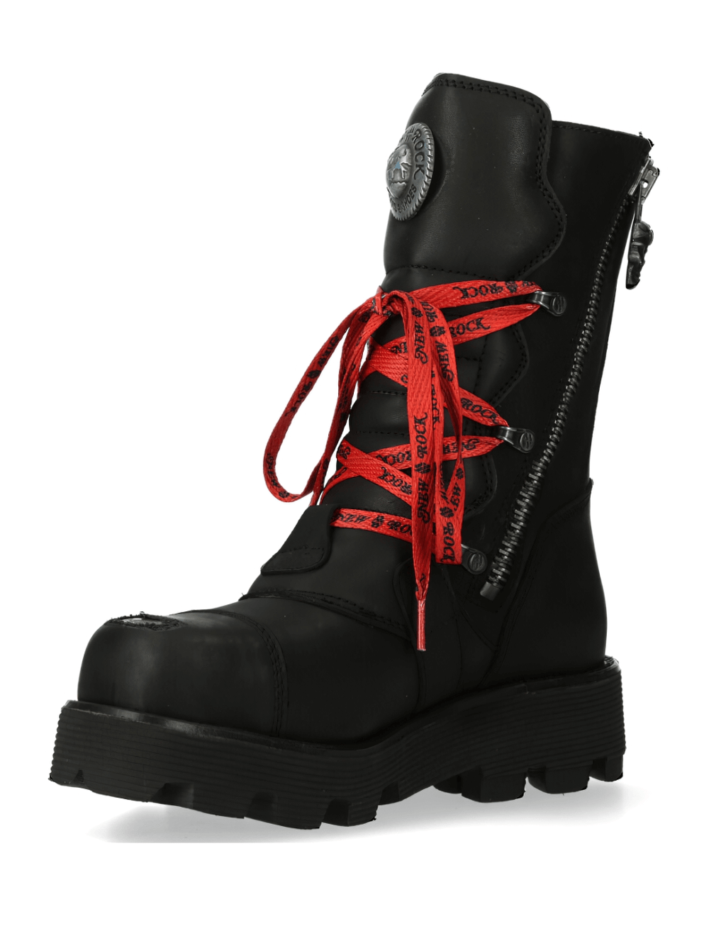 NEW ROCK black ranger boots with red laces, gothic style, lace-up, military-inspired design, bold fashion statement