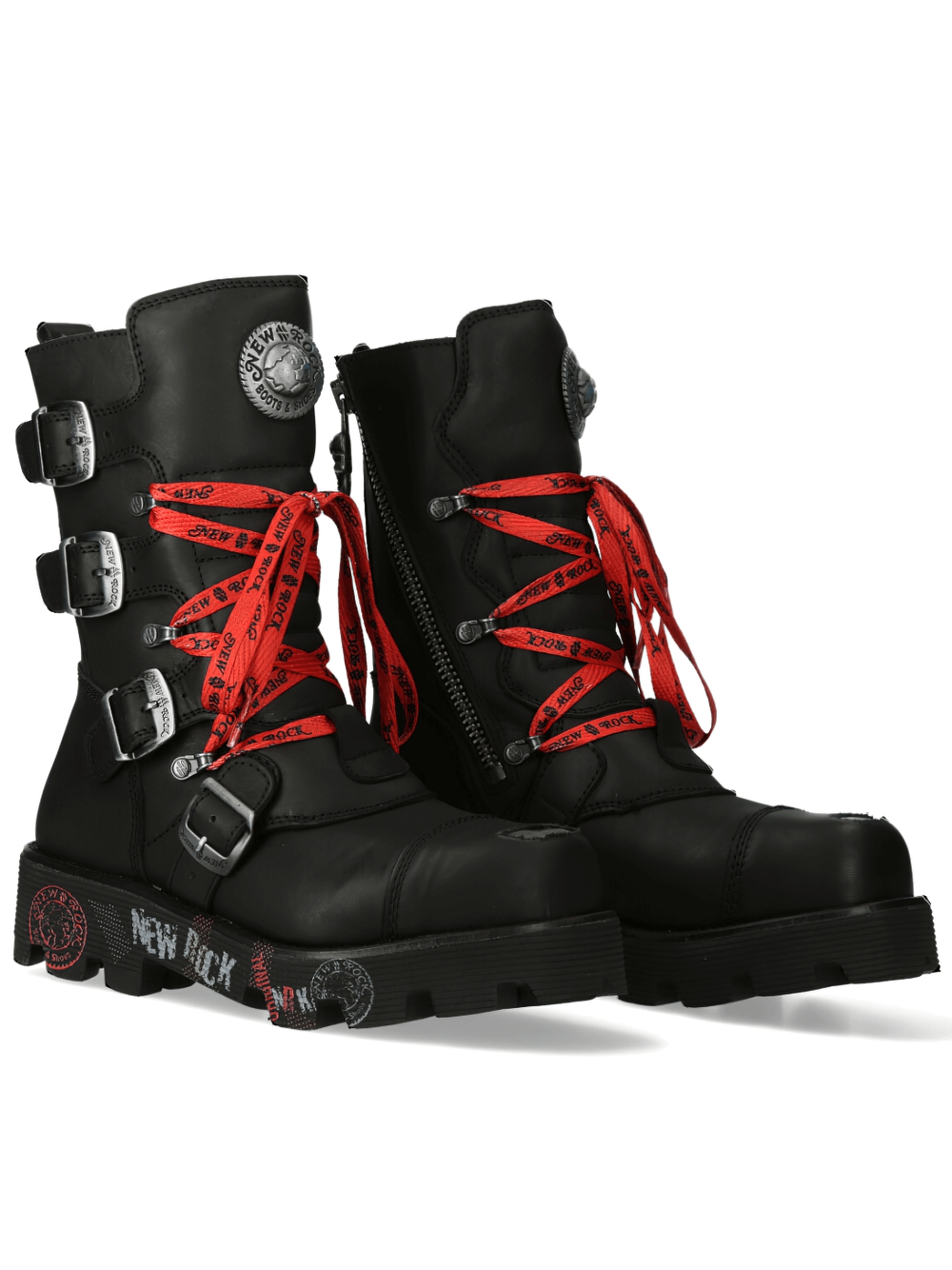 NEW ROCK Men's Black Ranger Boots with red laces and straps for a gothic rock style.