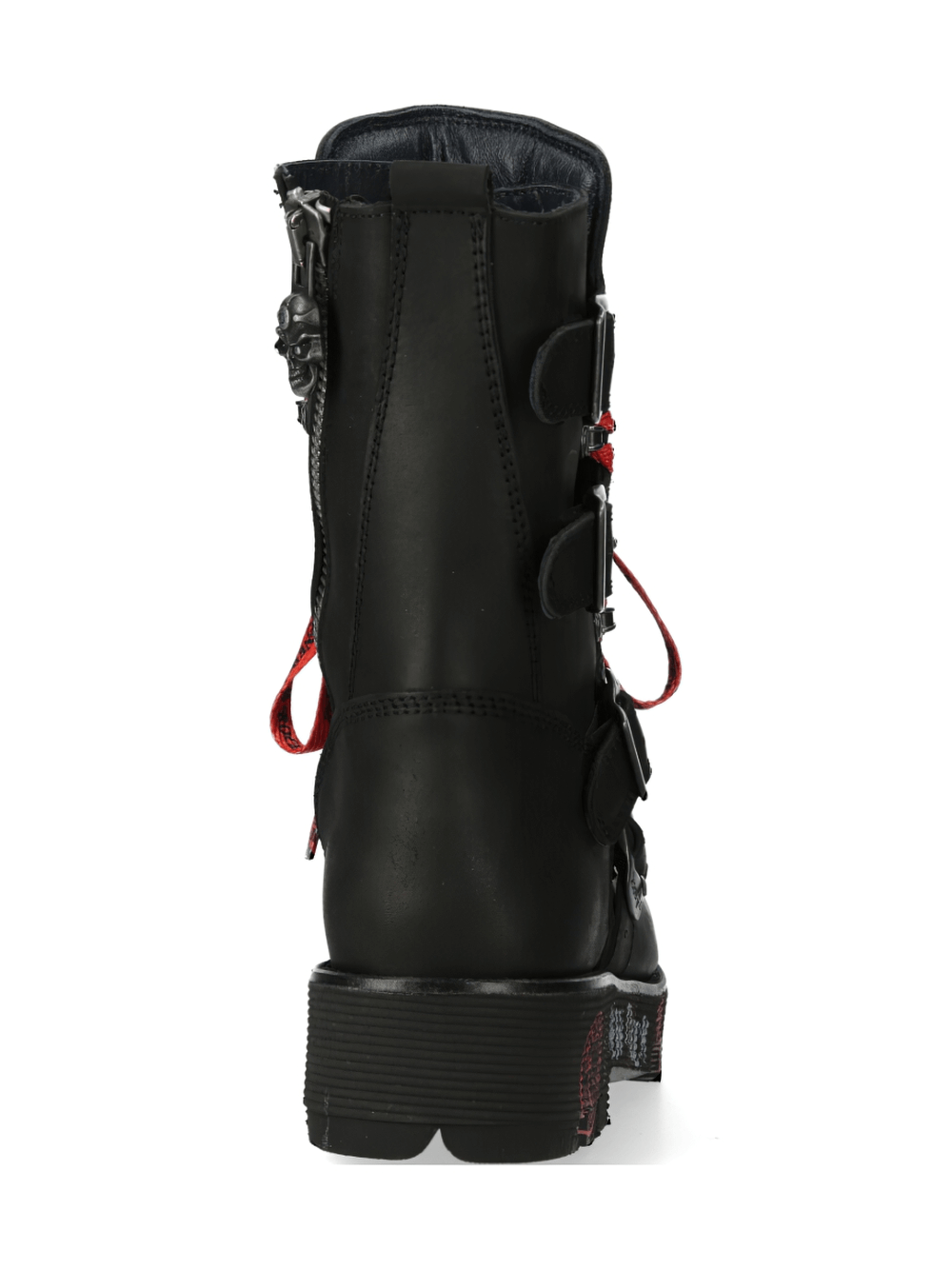 Back view of NEW ROCK Men's Black Ranger Boots featuring red laces and unique zipper clasp for a bold gothic style.