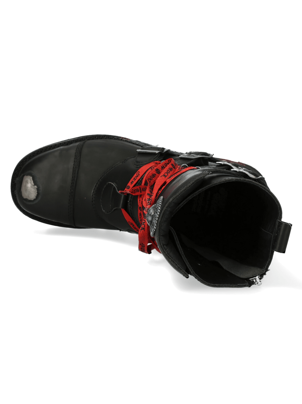 Top view of NEW ROCK Men's Black Ranger Boots with vibrant red laces, showcasing a punk-inspired gothic style.