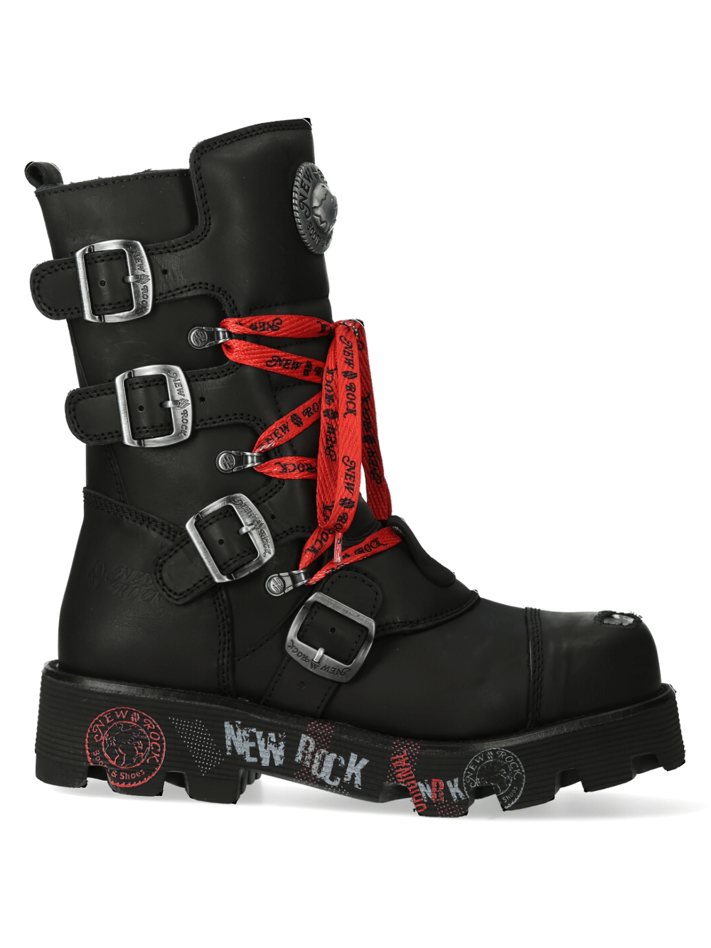 NEW ROCK black ranger boots with red laces, gothic style, buckles, and bold military design for rock fashion.