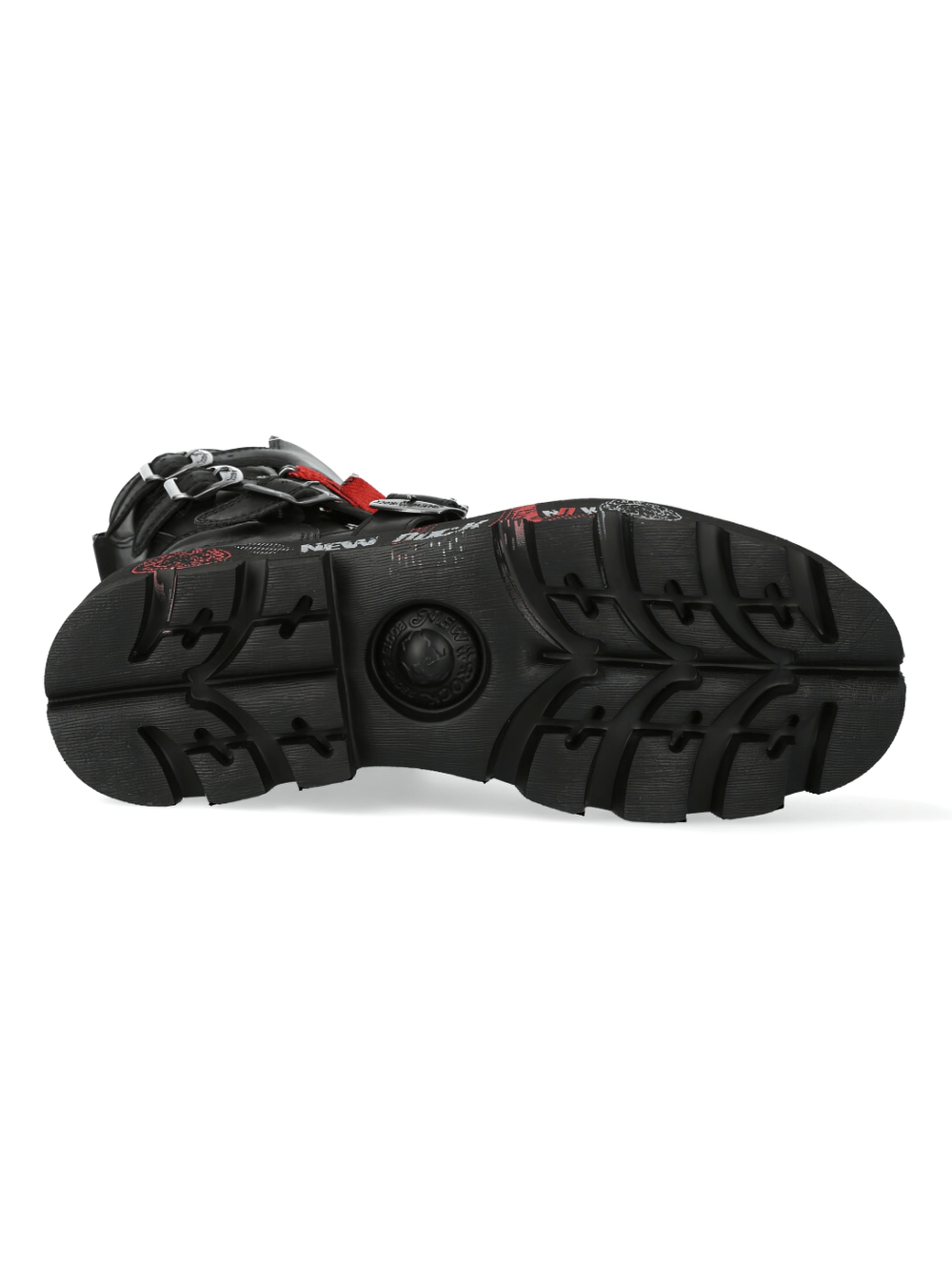 Sole of NEW ROCK Men's Black Ranger Boots with red laces, showcasing rugged design and grip for rock style.
