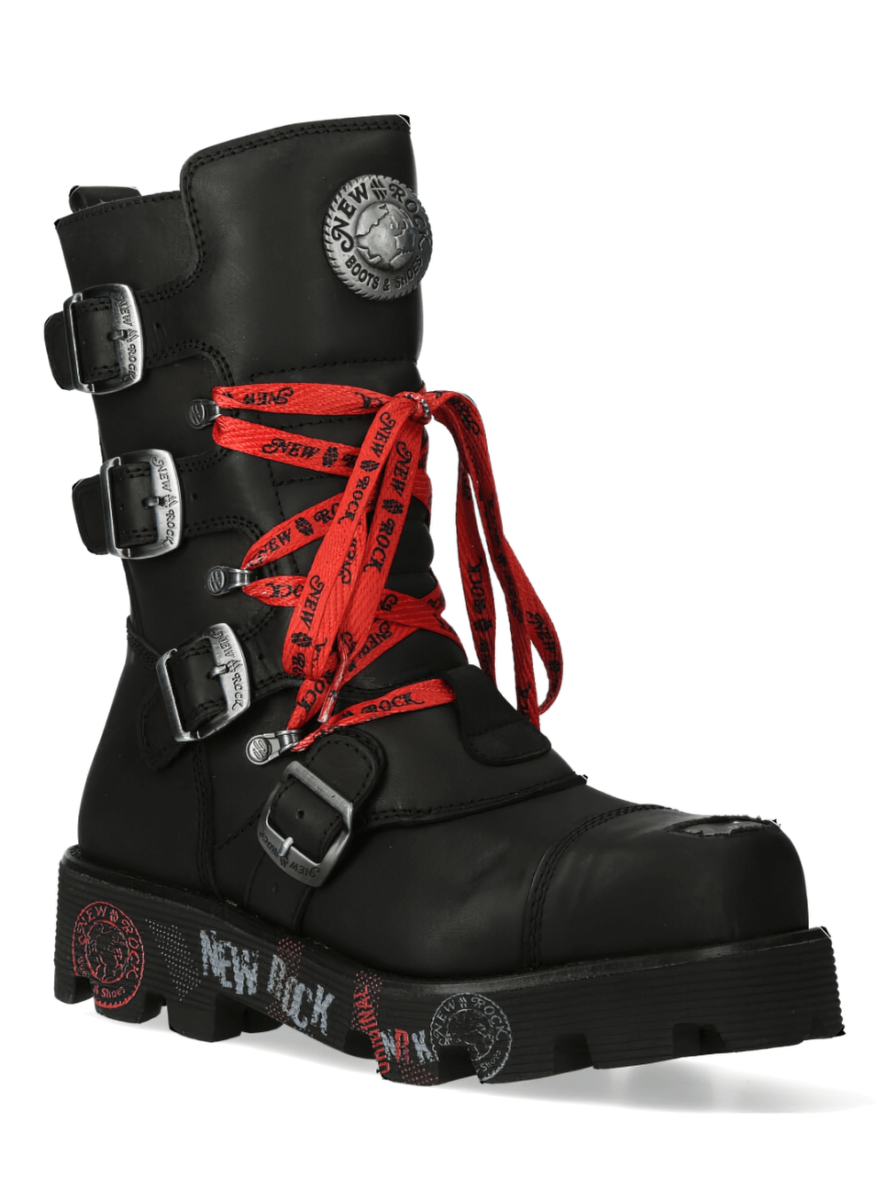 NEW ROCK Men's Black Ranger Boots with Red Laces and buckles for bold rocker style.