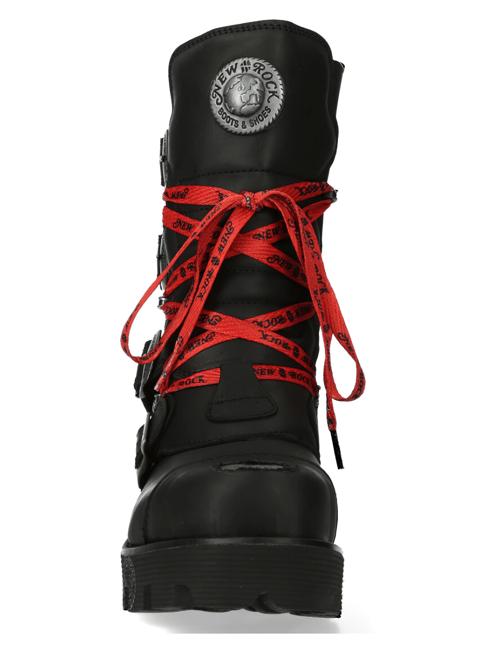 NEW ROCK Men's Black Ranger Boots with bold red laces and zipper clasp, embodying gothic rock style.