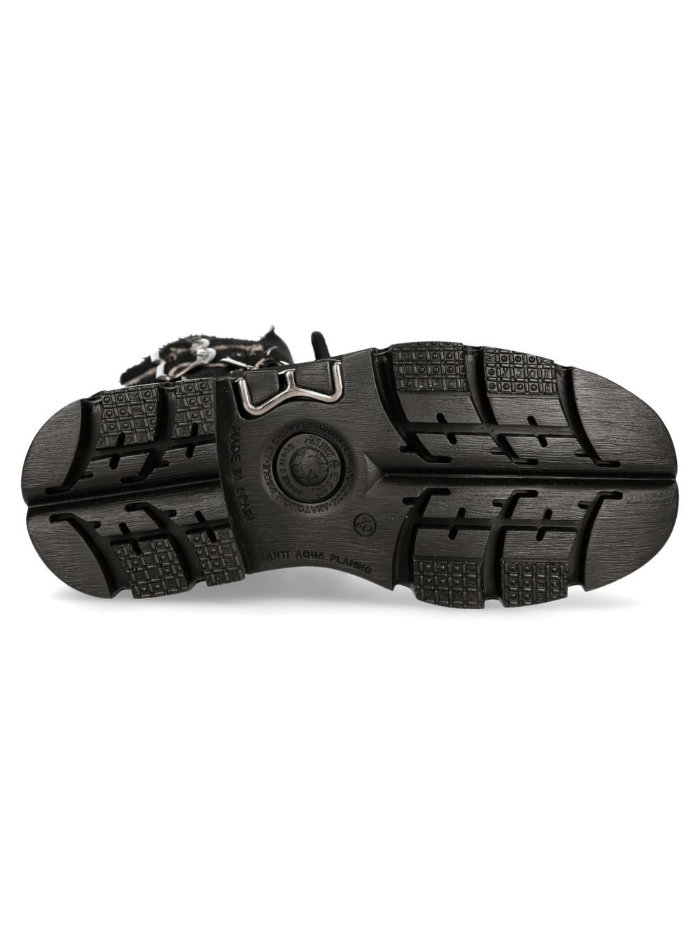 Bottom view of NEW ROCK eco-friendly black platform boots showcasing rugged traction and stylish buckles.