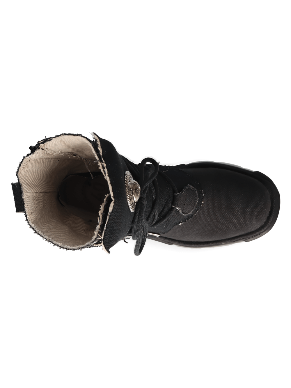 Top view of NEW ROCK Men's Black Rock Buckled Eco-Friendly Platform Boots with gothic style.