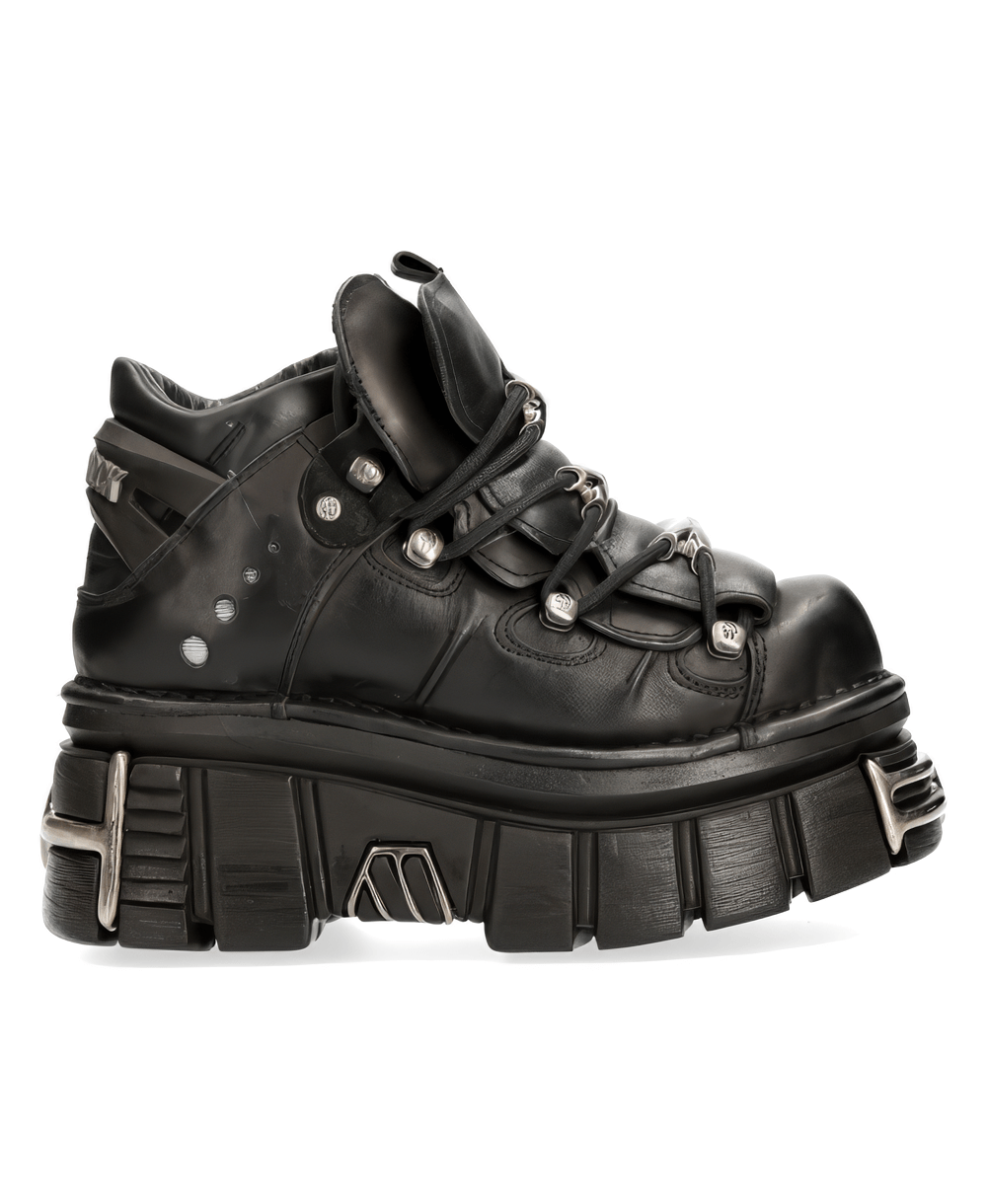NEW ROCK Men's black rocker ankle boots with heavy details and sturdy sole for a stylish gothic look.