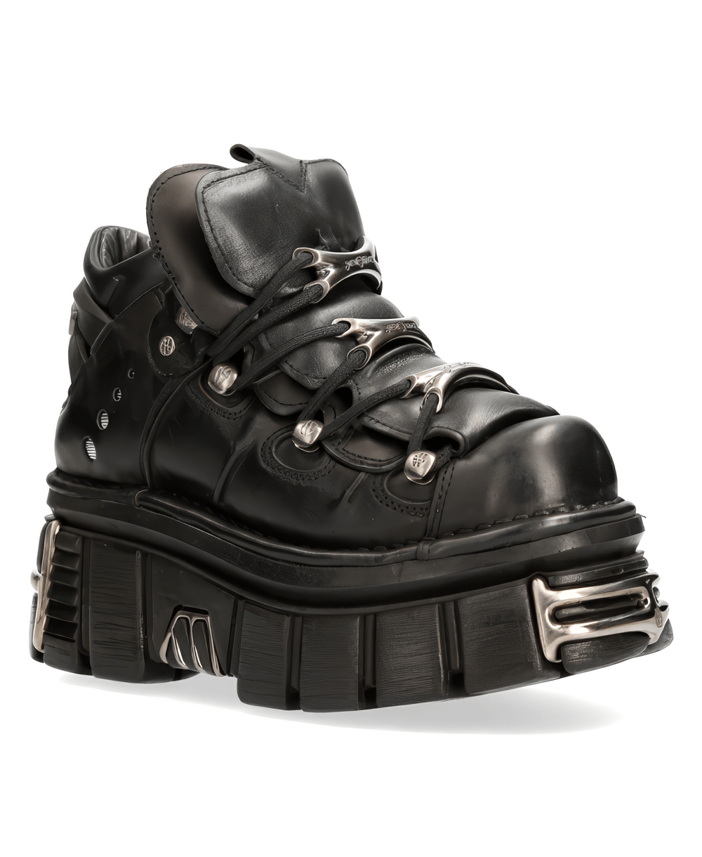 NEW ROCK black rocker ankle boots with heavy details, featuring metallic accents and a bold platform sole.