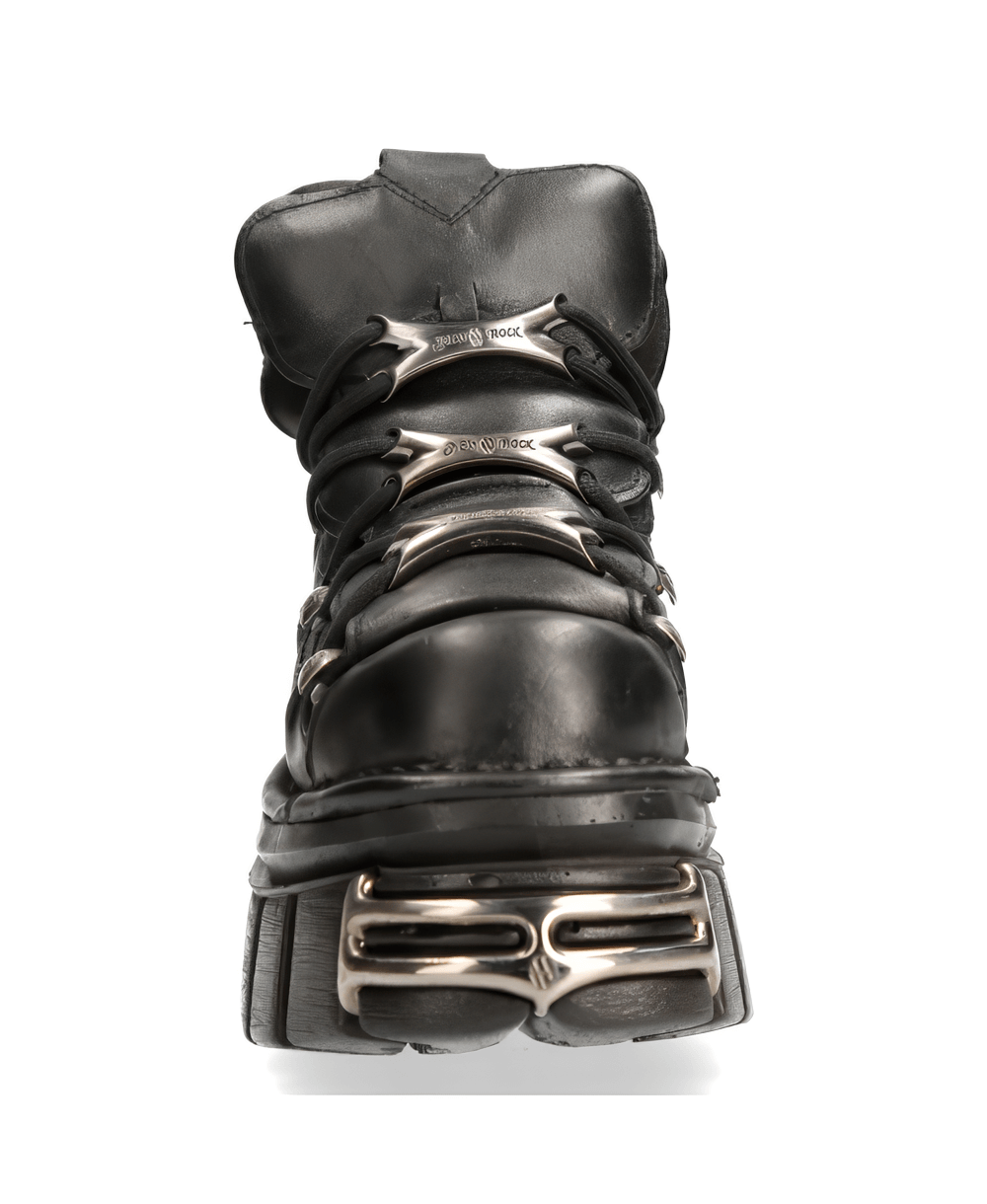 Front view of NEW ROCK Men's black rocker ankle boots with metallic details and lace-up closure.