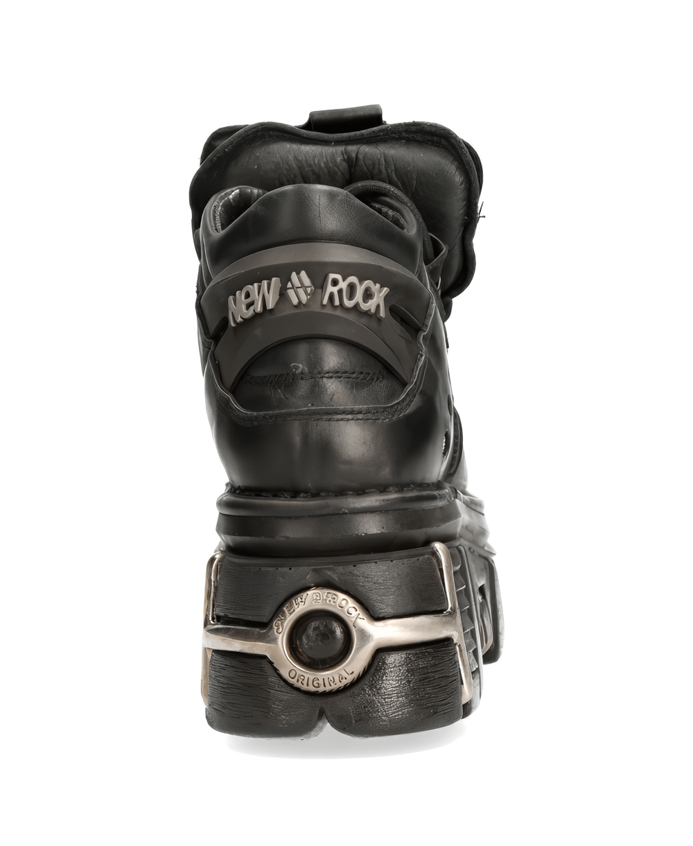 Back view of NEW ROCK men's black rocker ankle boots with metallic details and sturdy sole.