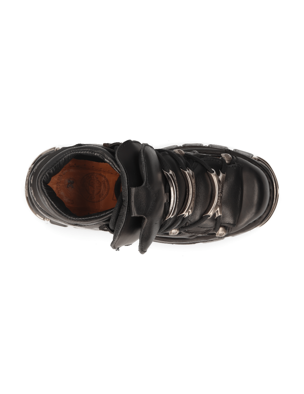 Top view of NEW ROCK men's black leather rocker ankle boots with metallic accents and lace-up closure.