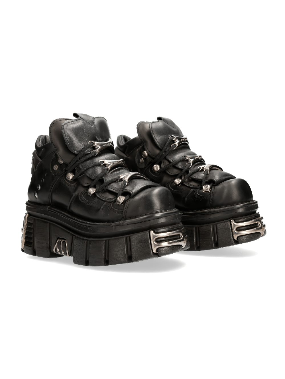 NEW ROCK Men's black rocker ankle boots with heavy details, featuring leather, metallic accents, and a chunky sole.
