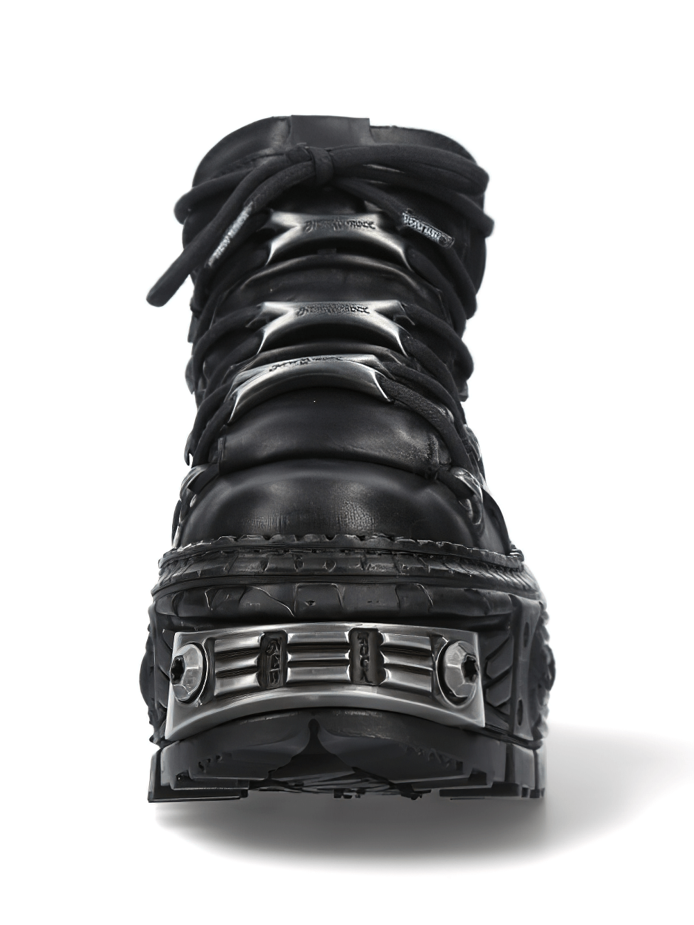 Front view of NEW ROCK Black Rocker Leather Shoe, showcasing its punk-inspired design and bold laces.