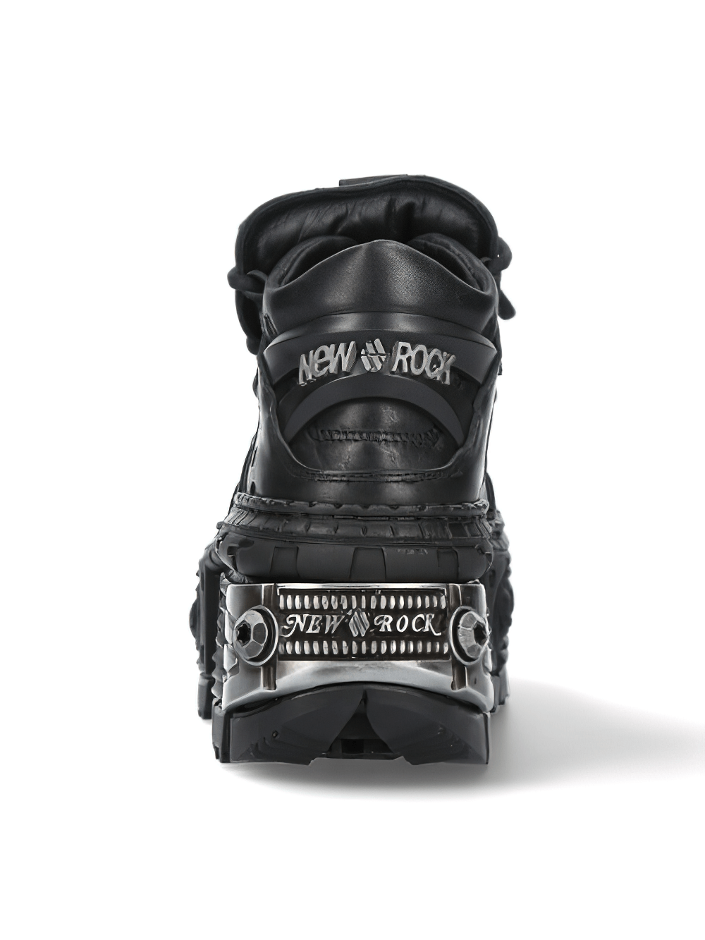 Back view of NEW ROCK black rocker leather shoes showcasing Gothic punk style and sturdy design.