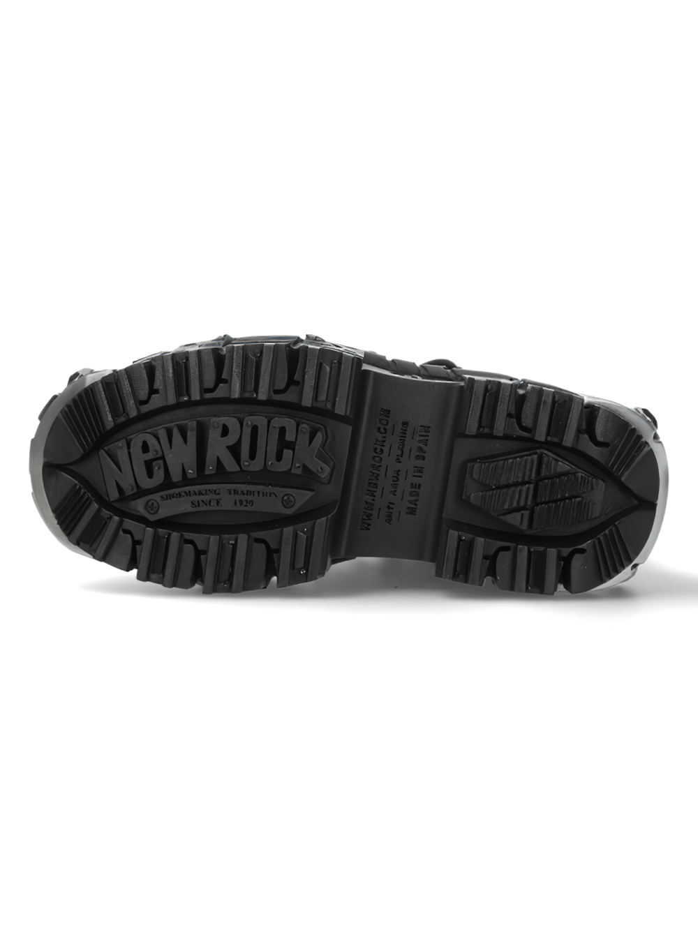 Bottom view of NEW ROCK black rocker leather shoes, showcasing sturdy sole and edgy design for Gothic style.