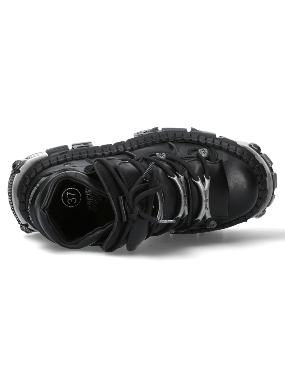 Top view of NEW ROCK Black Rocker Leather Shoes showcasing their edgy design and Gothic flair.