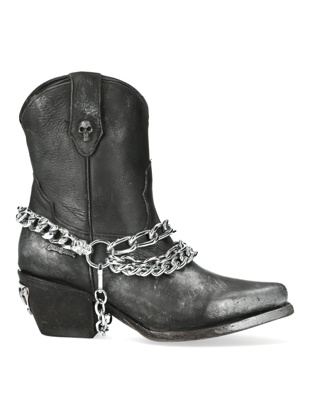 Black silver chain cow leather ankle boot with gothic skull embellishment, perfect for bikers and rebels.