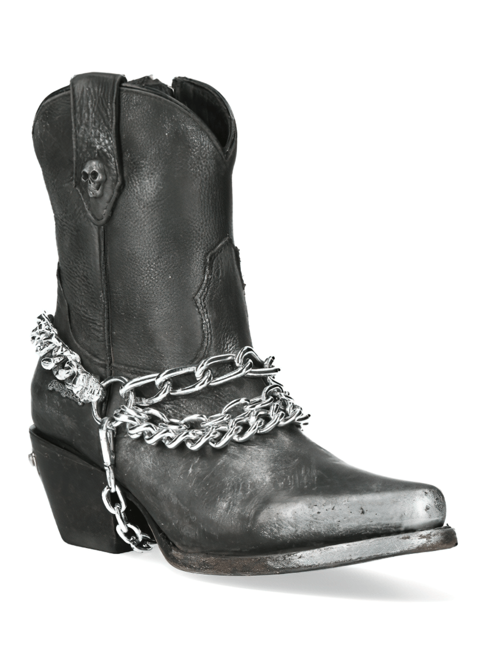 NEW ROCK Black Silver Chain Cow Leather Ankle Boot with Gothic biker style and silver embellishments.