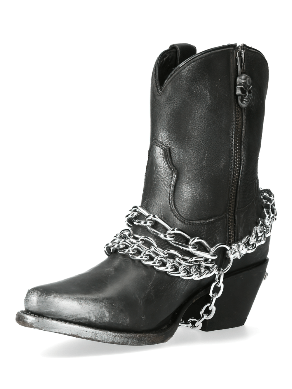 NEW ROCK Black Silver Chain Cow Leather Ankle Boot with Gothic Biker Style and Durable Goodyear welt construction.