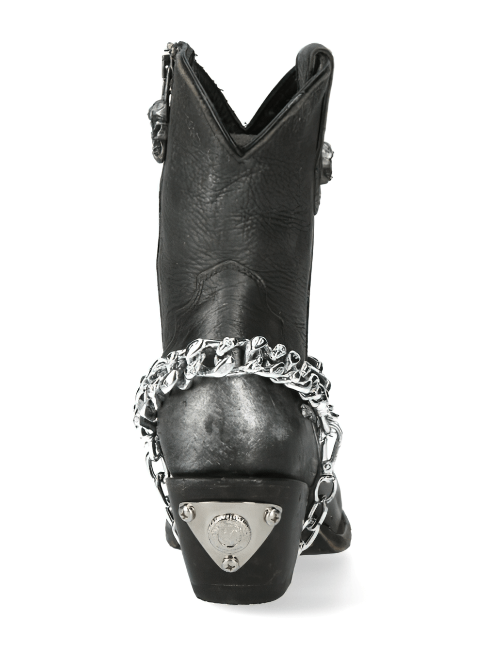 Back view of NEW ROCK Black Silver Chain Cow Leather Ankle Boots with Gothic and biker style flair.