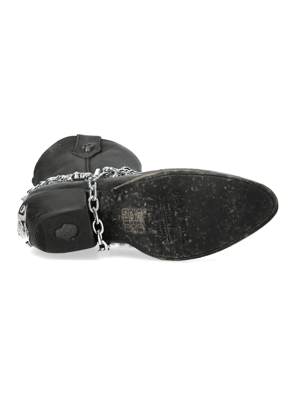 Bottom view of NEW ROCK black leather ankle boots with silver chain embellishments and textured sole.
