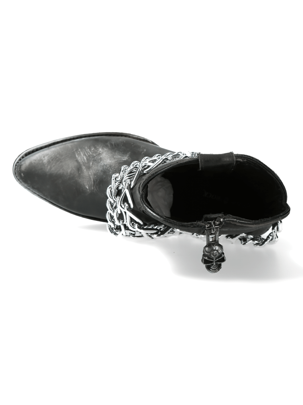 Top view of NEW ROCK Black Silver Chain Cow Leather Ankle Boots featuring Gothic biker style and durable construction.
