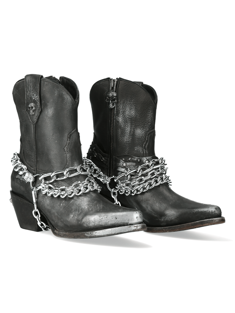 NEW ROCK Black Silver Chain Cow Leather Ankle Boots with Gothic biker style and Goodyear welt construction.