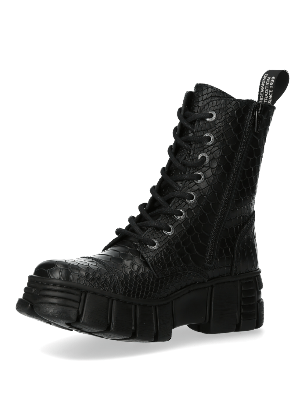 NEW ROCK Black snake print gothic boots with a chunky sole, perfect for a bold urban rock look.