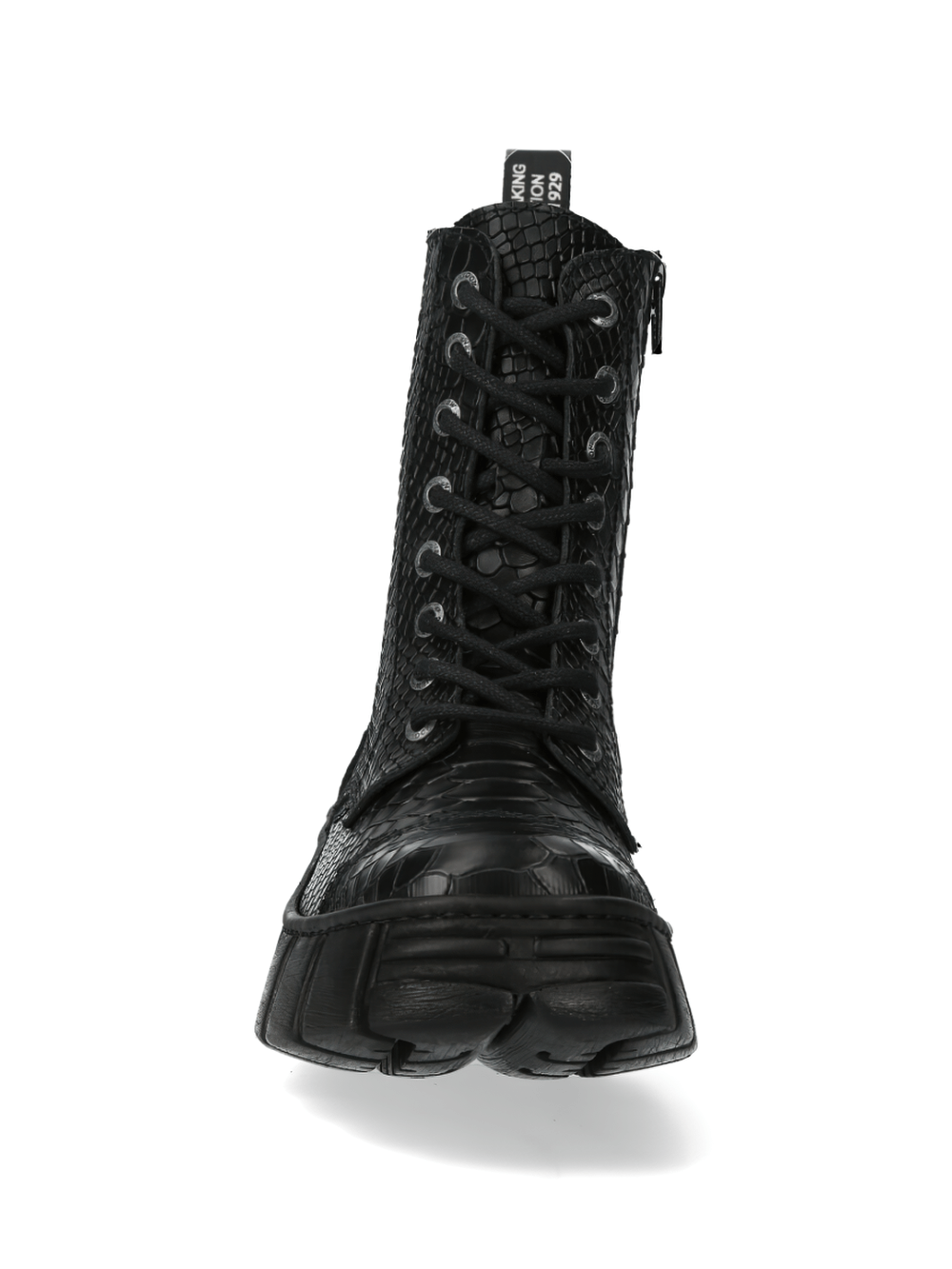 NEW ROCK Black Snake Print Gothic Boots with chunky sole, stylish lace-up design, perfect for urban rock fashion.