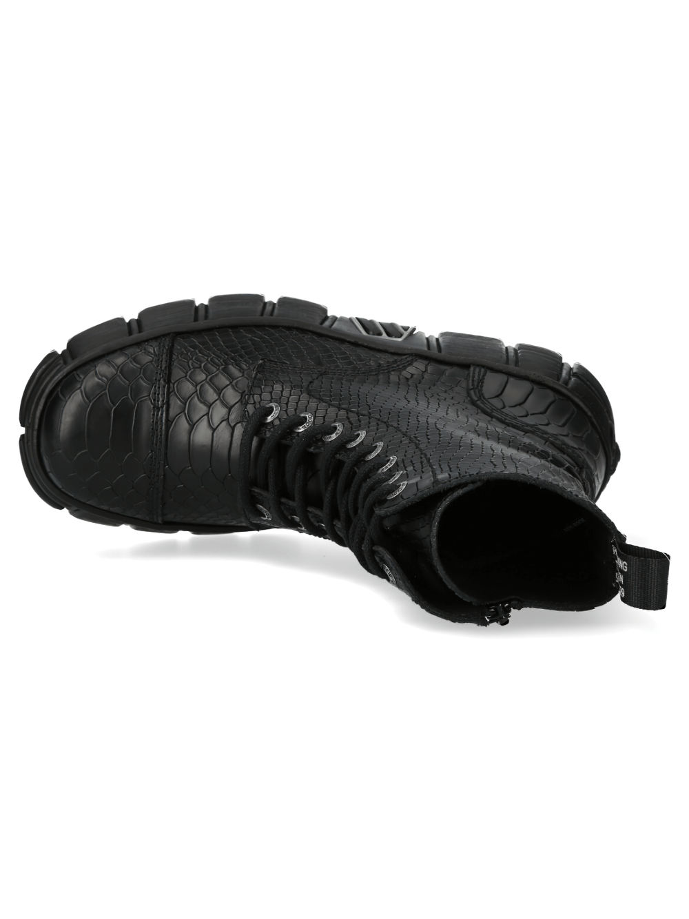 Textured black snake print gothic ankle boots with thick sole, showcasing a chunky lace-up design.