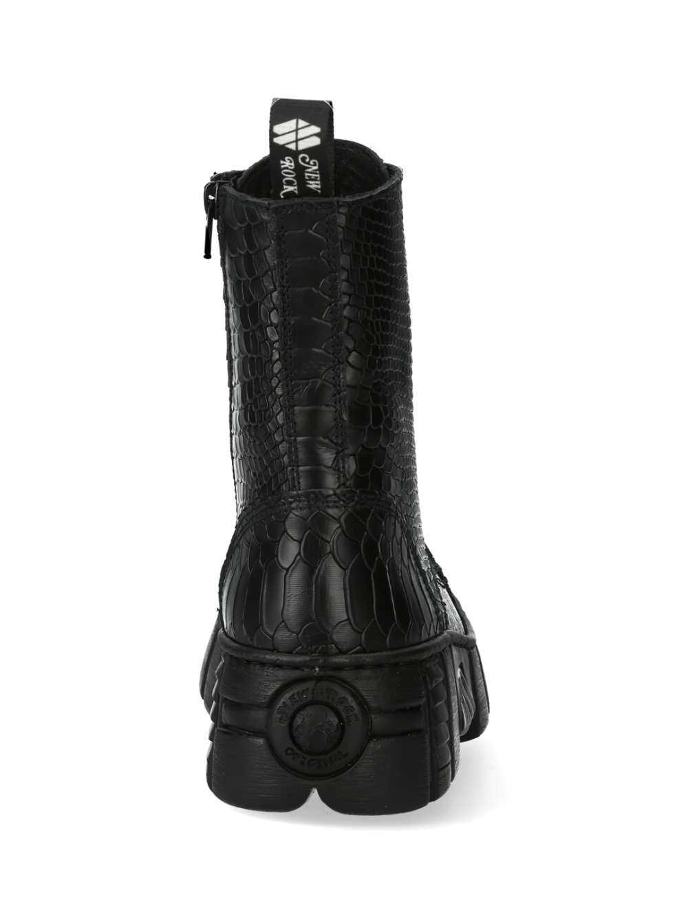 Back view of NEW ROCK black snake print gothic boots with thick sole, showcasing textured leather and chunky heel.