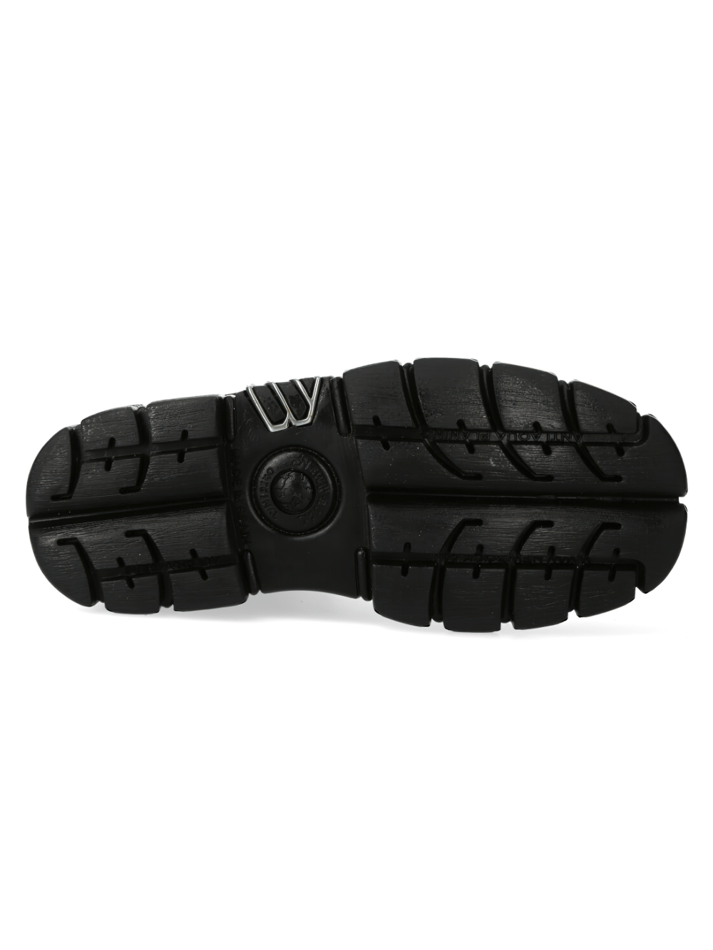 Bottom view of NEW ROCK chunky sole boots showcasing the textured black rubber sole with grip and style.