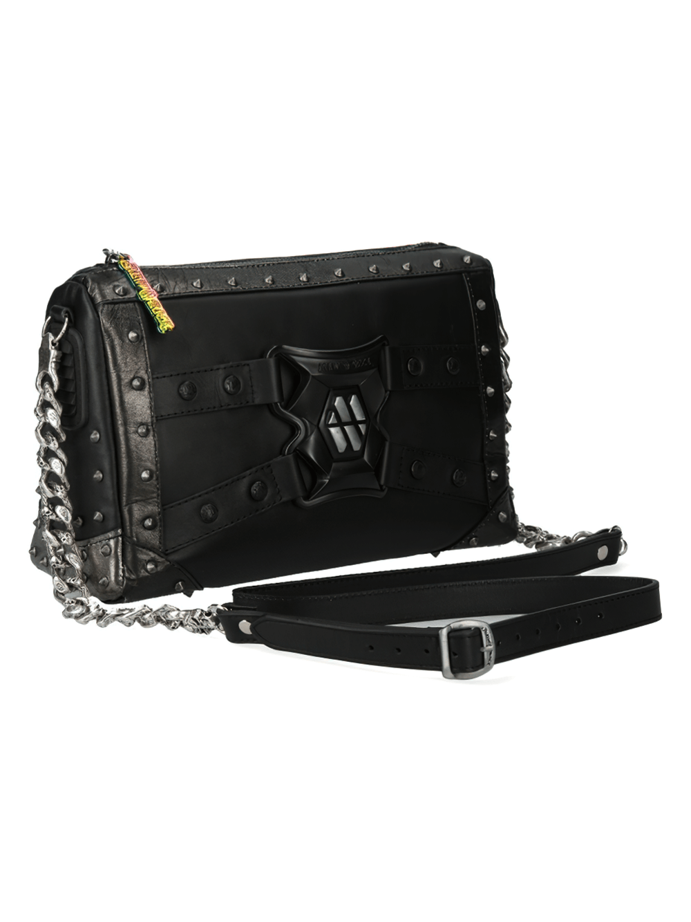 Stylish black cow leather bag with studded details and chain strap, featuring a bold buckle design.