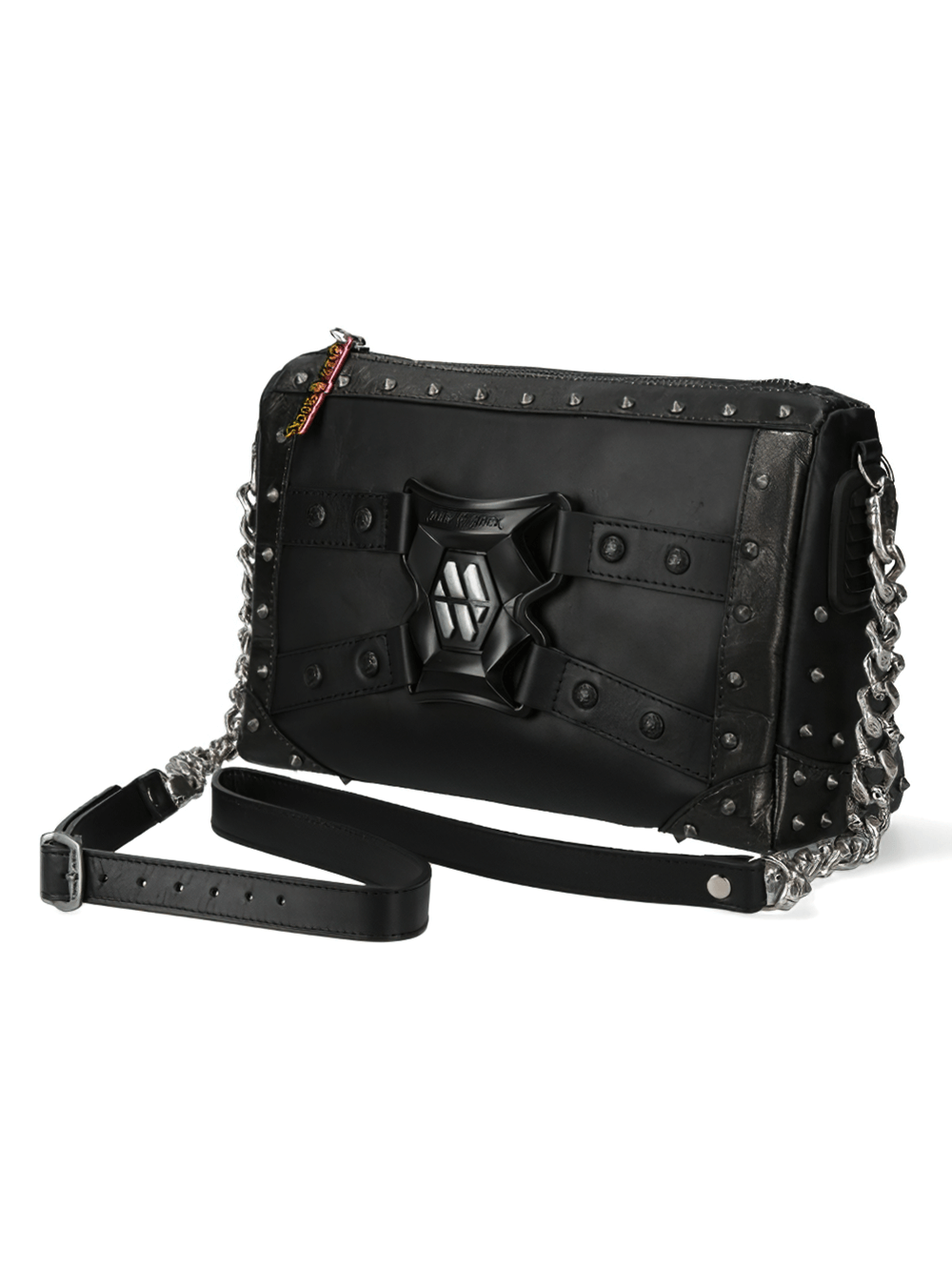 NEW ROCK Black Steel Buckle Cow Leather Fashion Bag with edgy design and durable strap.