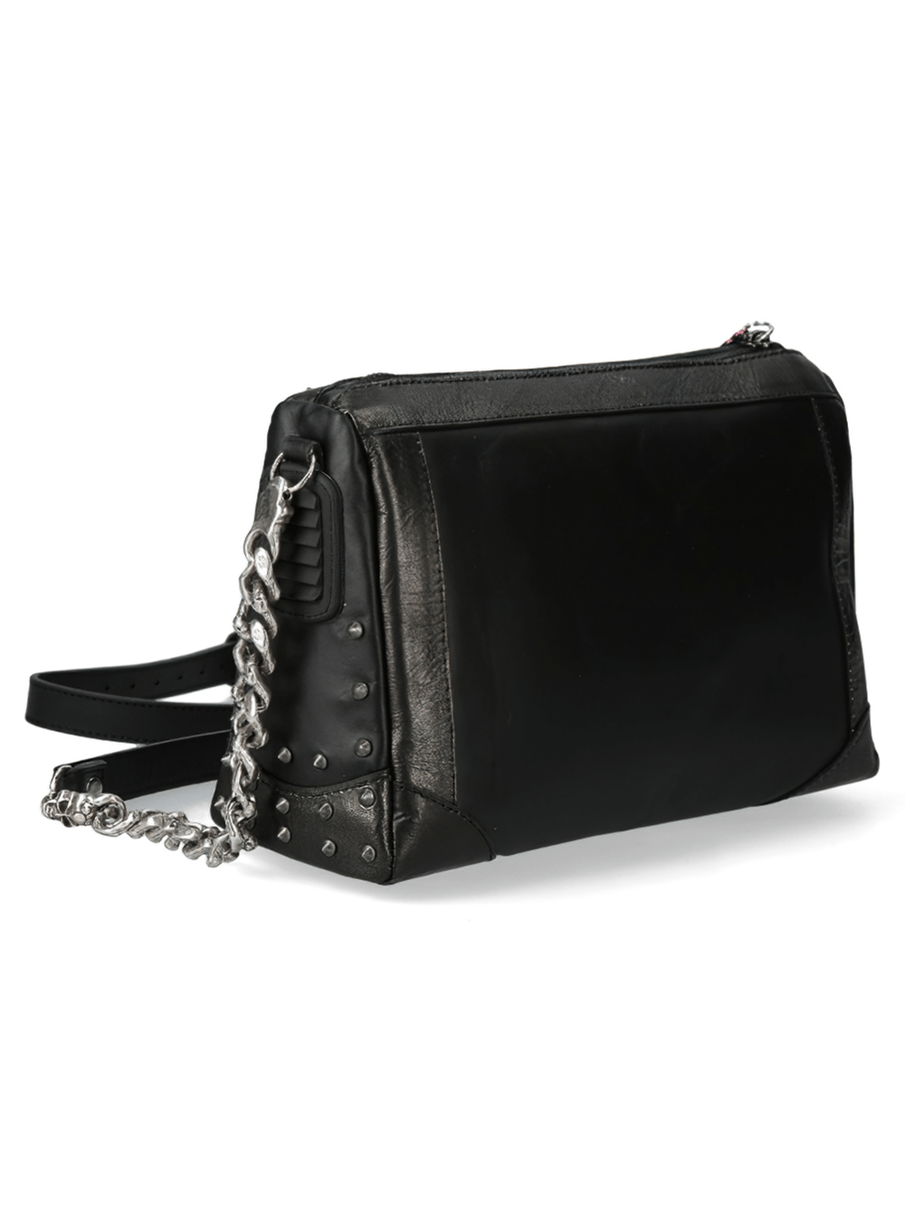 Stylish black cow leather fashion bag with chain strap and studded details, perfect for a chic look.