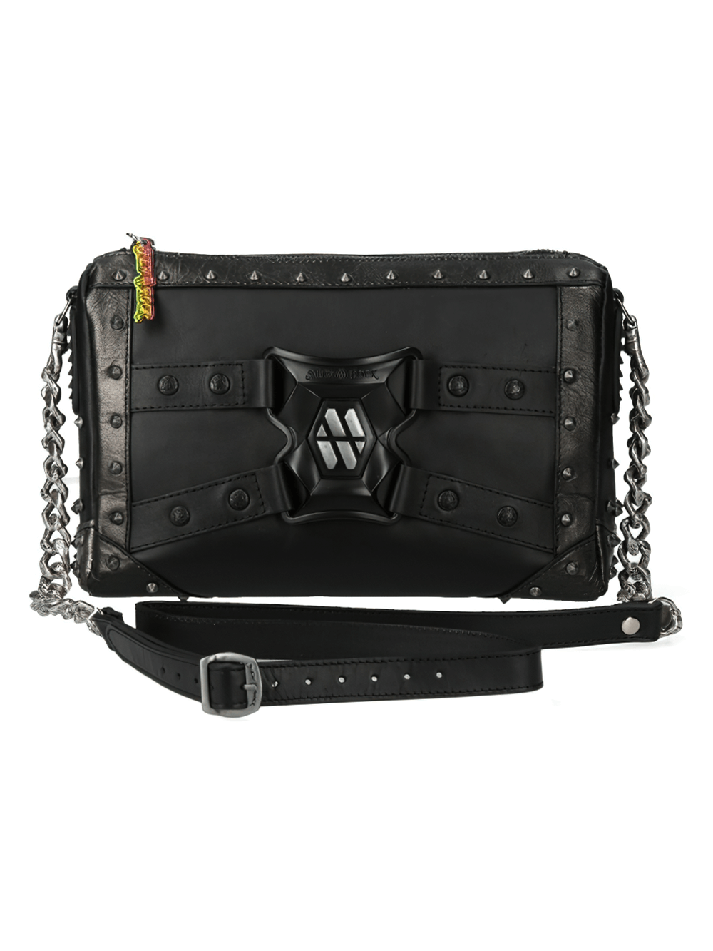 Black cow leather fashion bag with steel buckle detail and chain strap, perfect for edgy, stylish looks.