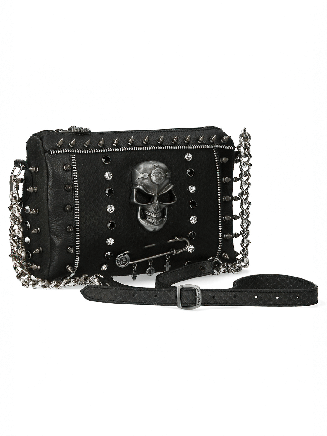 NEW ROCK edgy black studded crossbody bag with skull design and chain strap, featuring buckle clasp for secure closure.