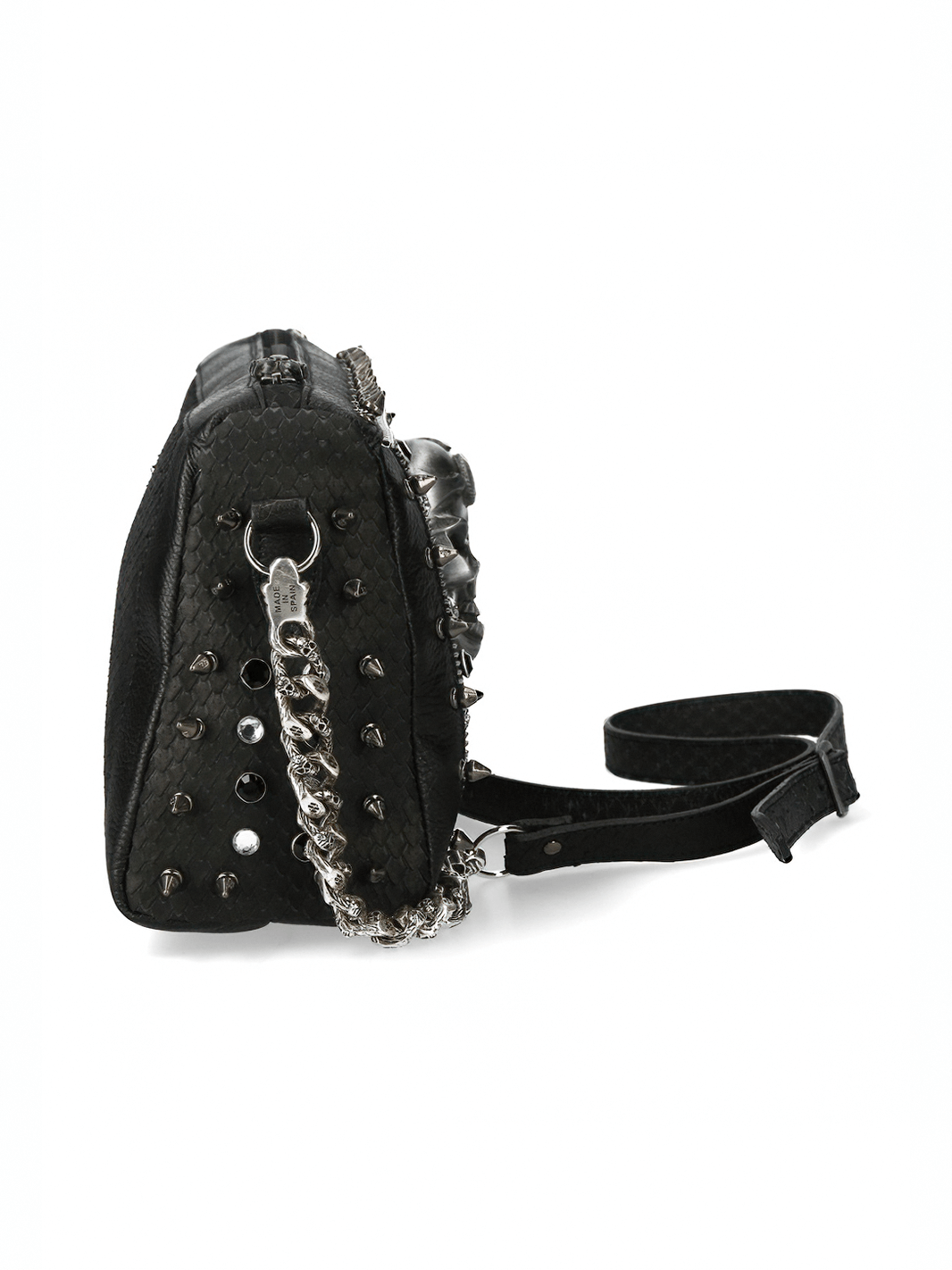 Side view of NEW ROCK black studded crossbody bag featuring a skull design and chain strap for edgy style.