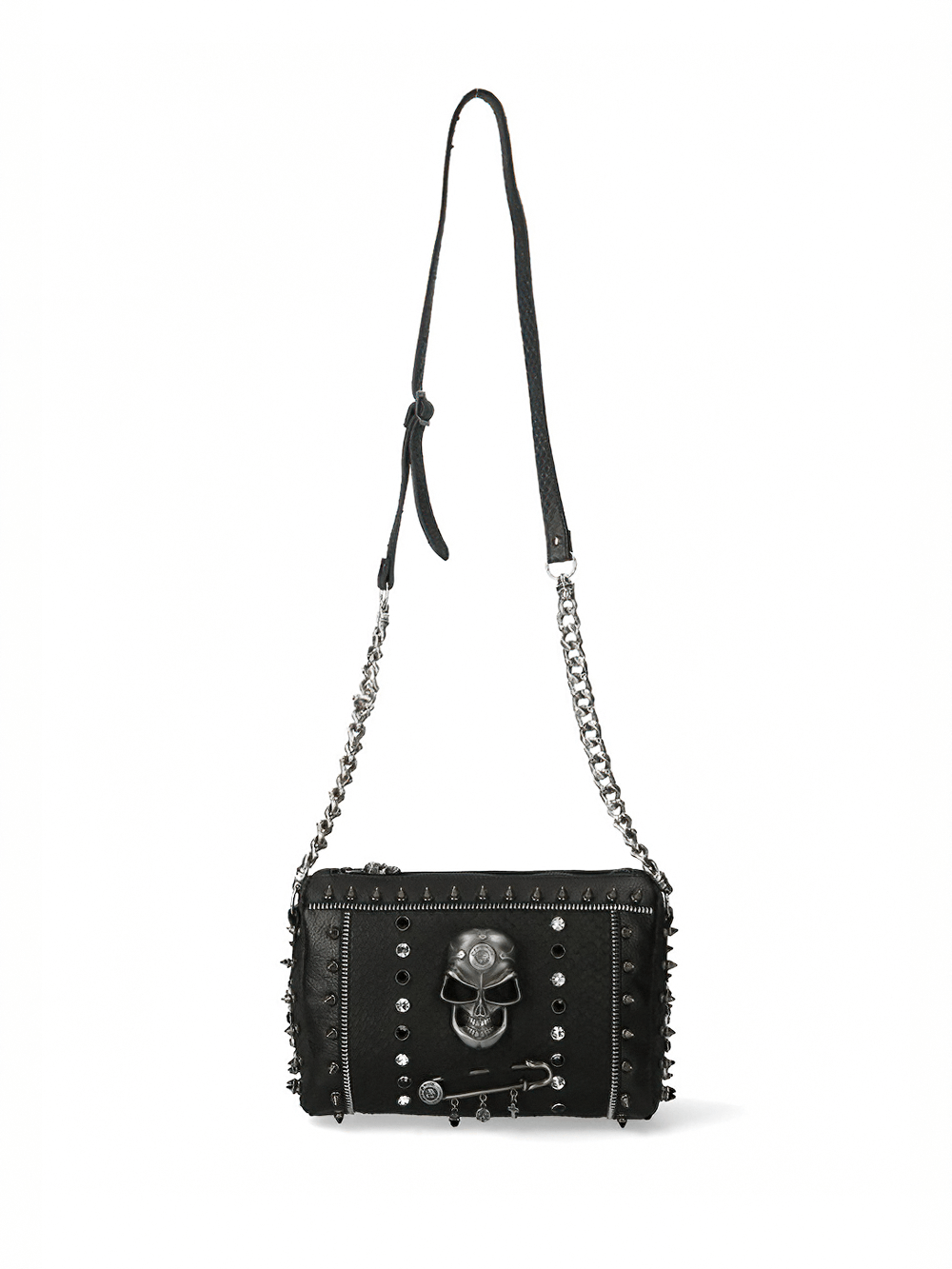 Black studded crossbody bag with skull design, chain strap, and edgy buckle clasp for bold fashion statement.