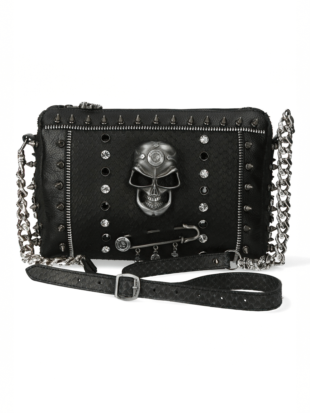 Edgy black studded crossbody bag with skull design and chain strap, featuring buckle clasp and stylish accents.