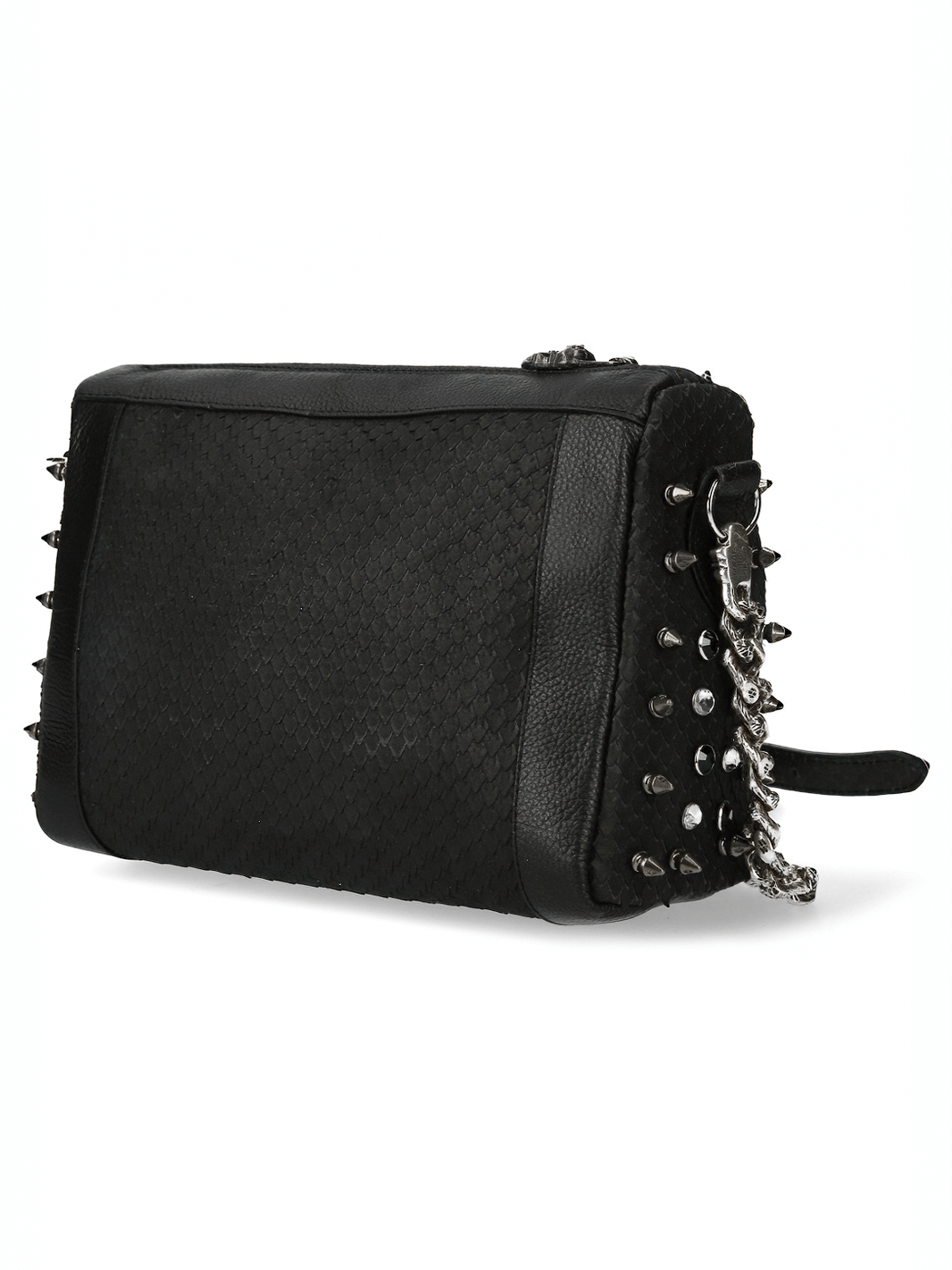 Black studded crossbody bag showcasing bold skull accents and chain strap, perfect for edgy fashion lovers.