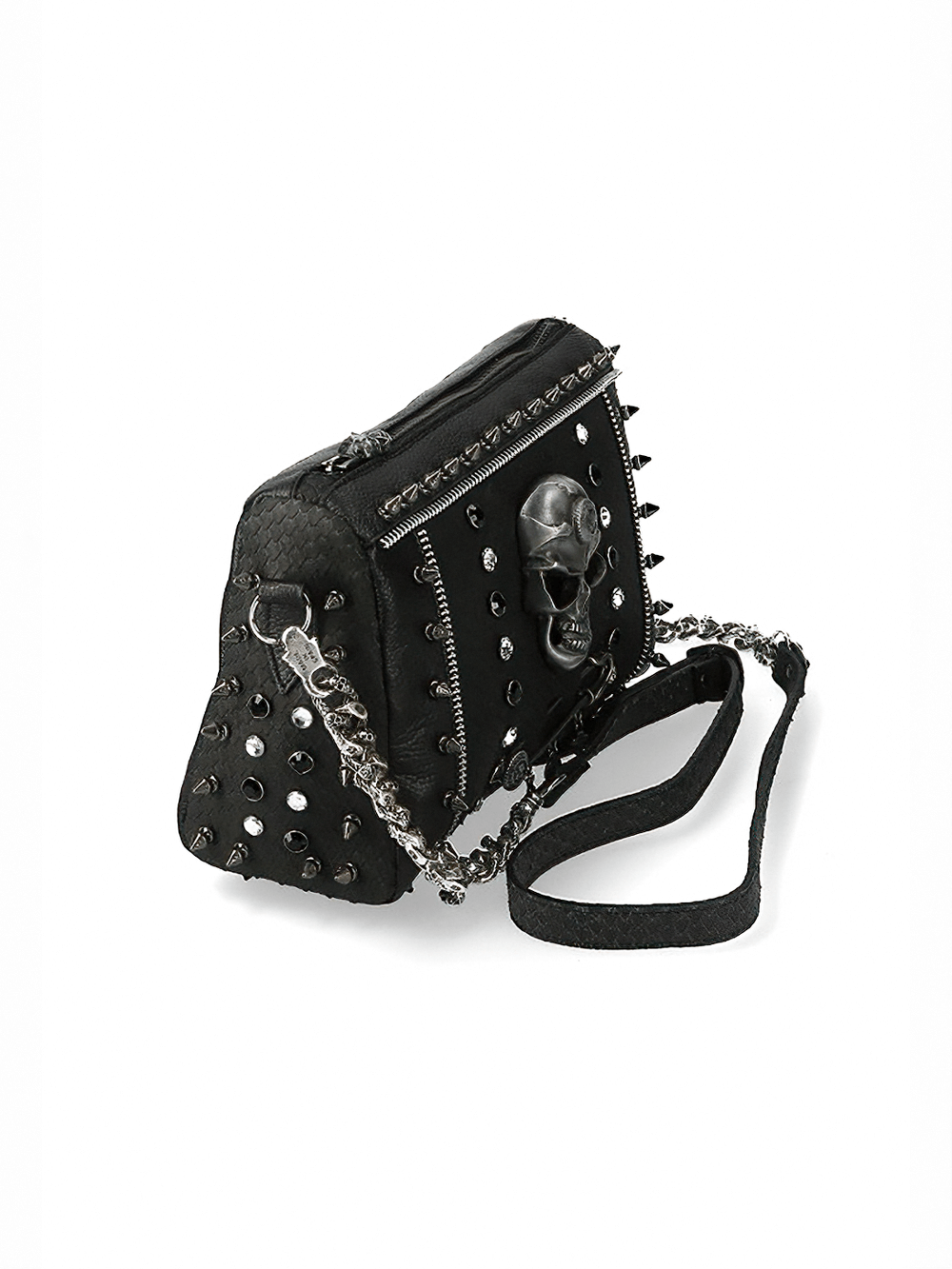 Black studded crossbody bag with skull design and chain strap, perfect for edgy fashion lovers.