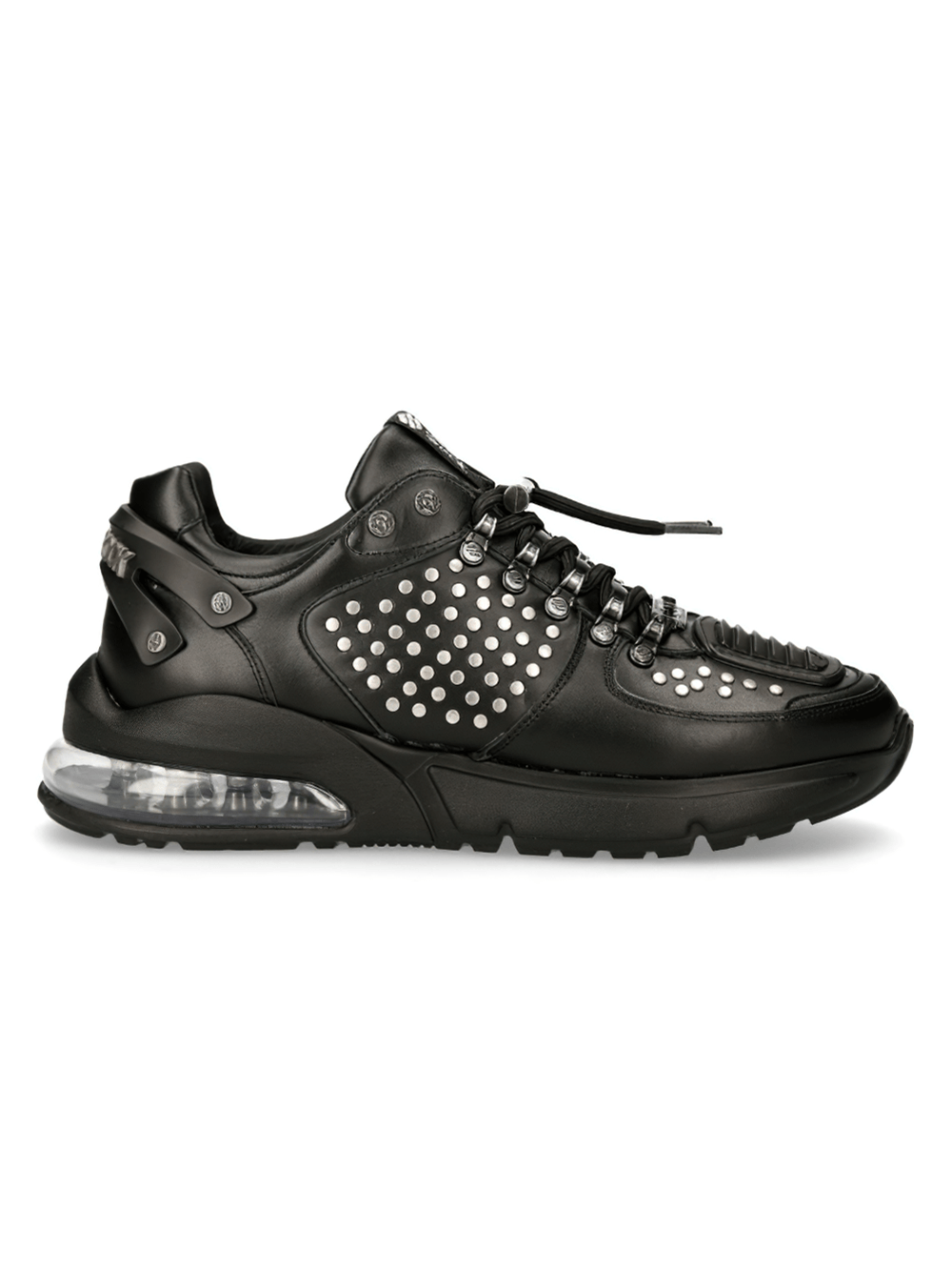 NEW ROCK black studded sneakers with air cushion sole, crafted from genuine leather for urban rock style and everyday comfort.