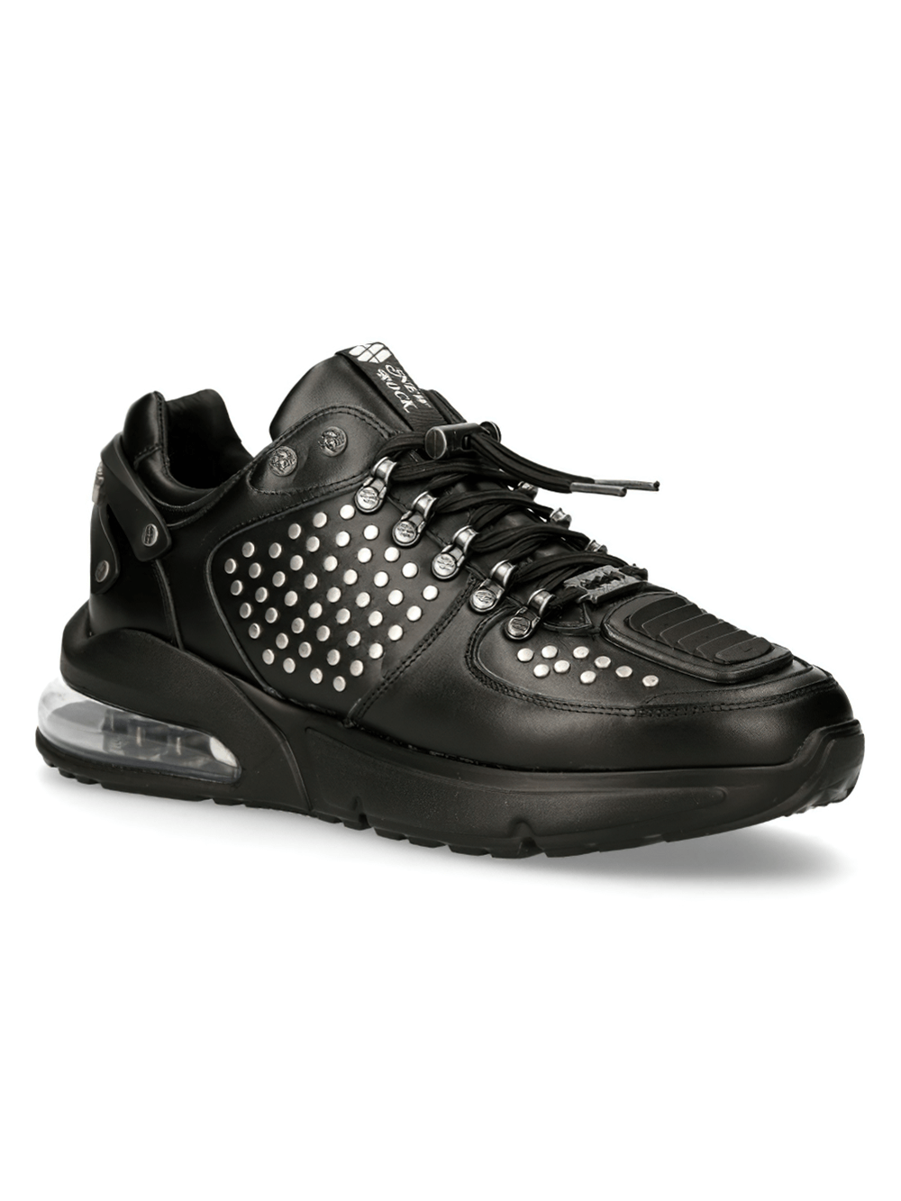 NEW ROCK black studded sneakers with air cushion sole, crafted from genuine leather, perfect for urban rock style.