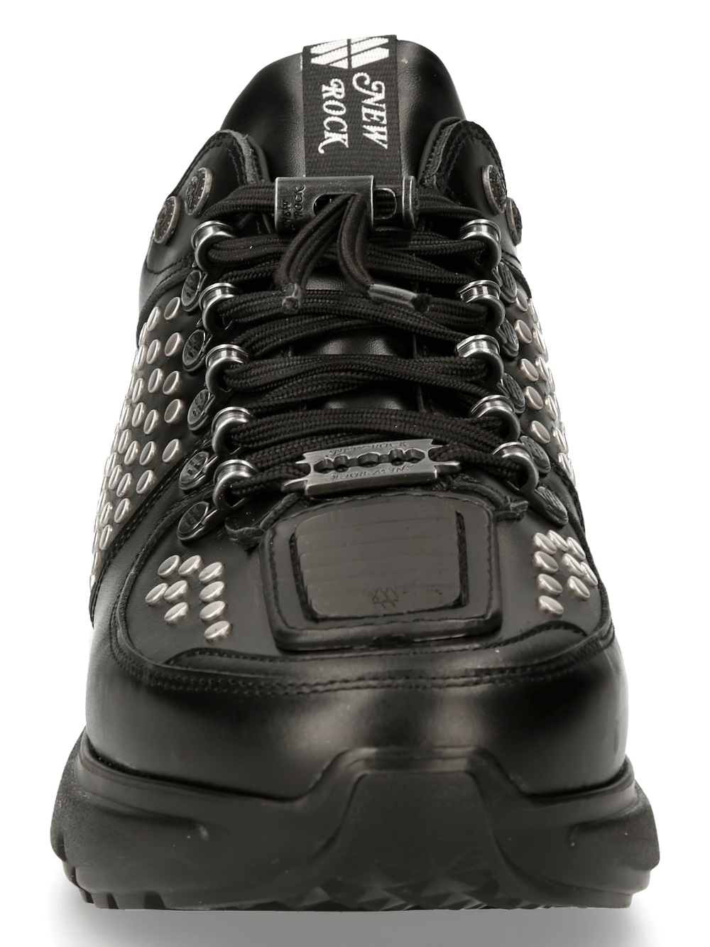 NEW ROCK black studded sneakers with air-cushioned sole, featuring lace-up design and genuine leather craftsmanship.